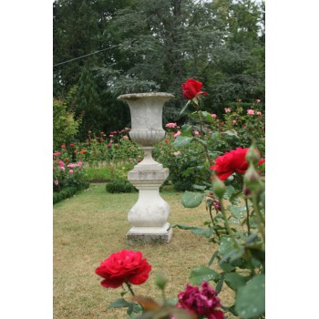 Vase en ciment sur balustre.